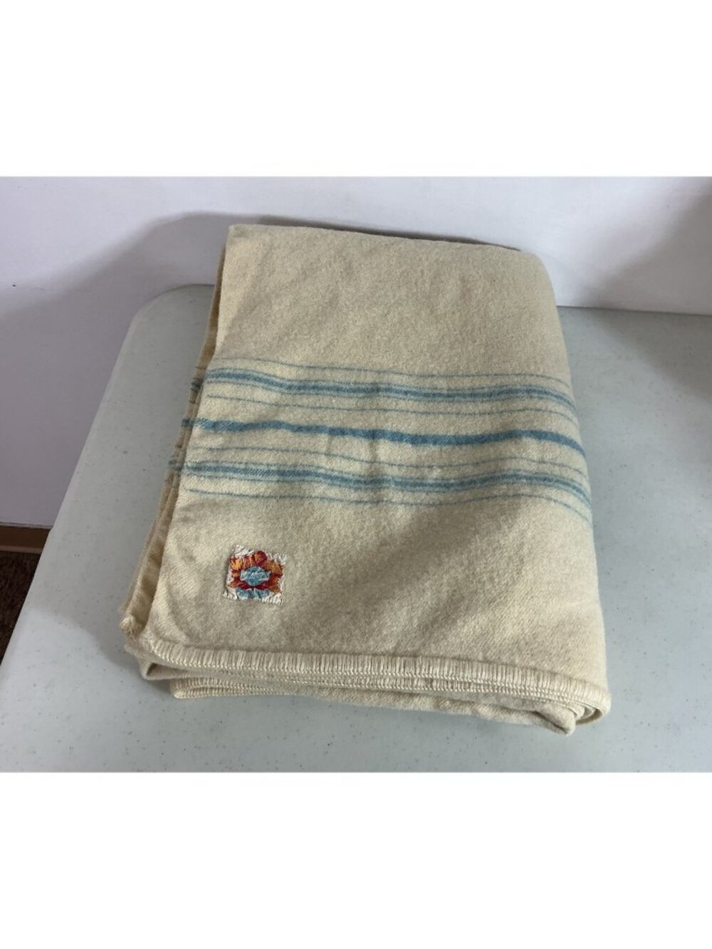 Ayer’s Vintage Wool Blanket Blue Stripe Made Canada 76 X 58